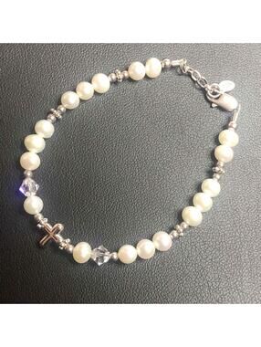 7515 Sterling CN 925 Pearl & Crystal cross Bracelet 7"